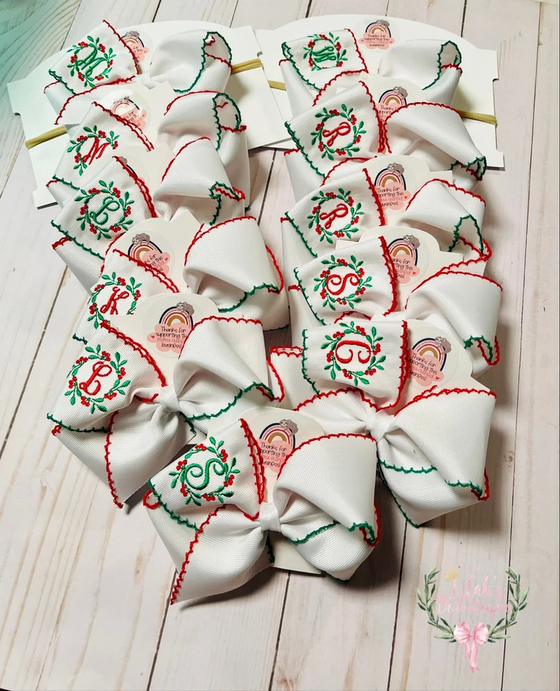 Custom Embroidered Monogrammed Christmas Holly Moonstitch Ribbon Bow - Etsy | Etsy (US)