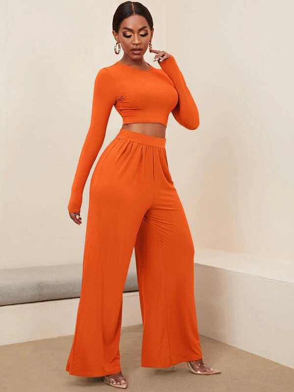 SHEIN Solid Crop Top & Wide Leg Pants Set | SHEIN