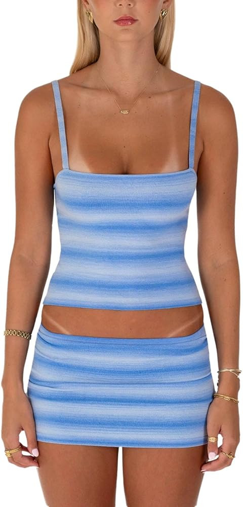 Women 2 Piece Outfits Sexy Stripes Sleeveless Spaghetti Strap Tank top Mini Skirt Beach Vacation ... | Amazon (US)