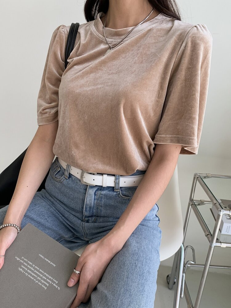 DAZY Solid Puff Sleeve Velvet Tee | SHEIN