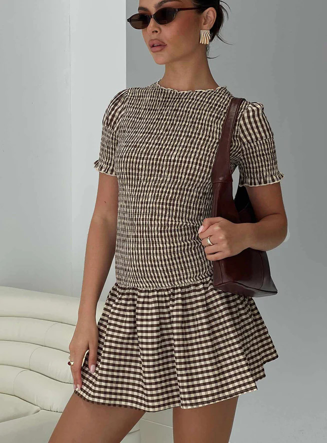 Laurita Shirred Mini Dress Brown Check | Princess Polly US