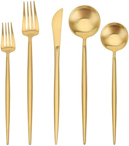 Matte Gold Silverware Set, SHARECOOK 20-Piece Stainless Steel Satin Finish Flatware Set Service for  | Amazon (US)