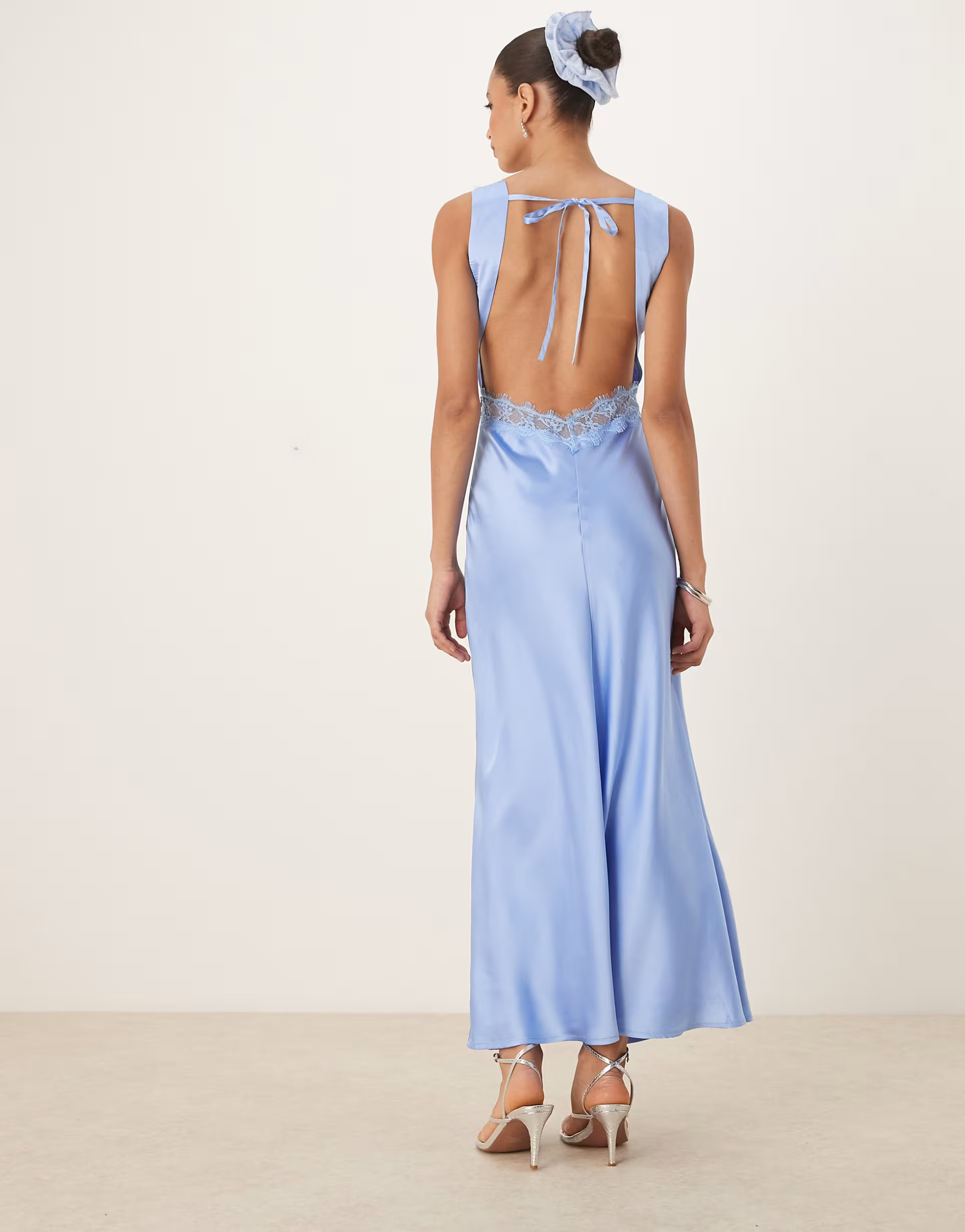OMNES Aurelia Satin Lace Trim Maxi Dress in blue | ASOS (Global)