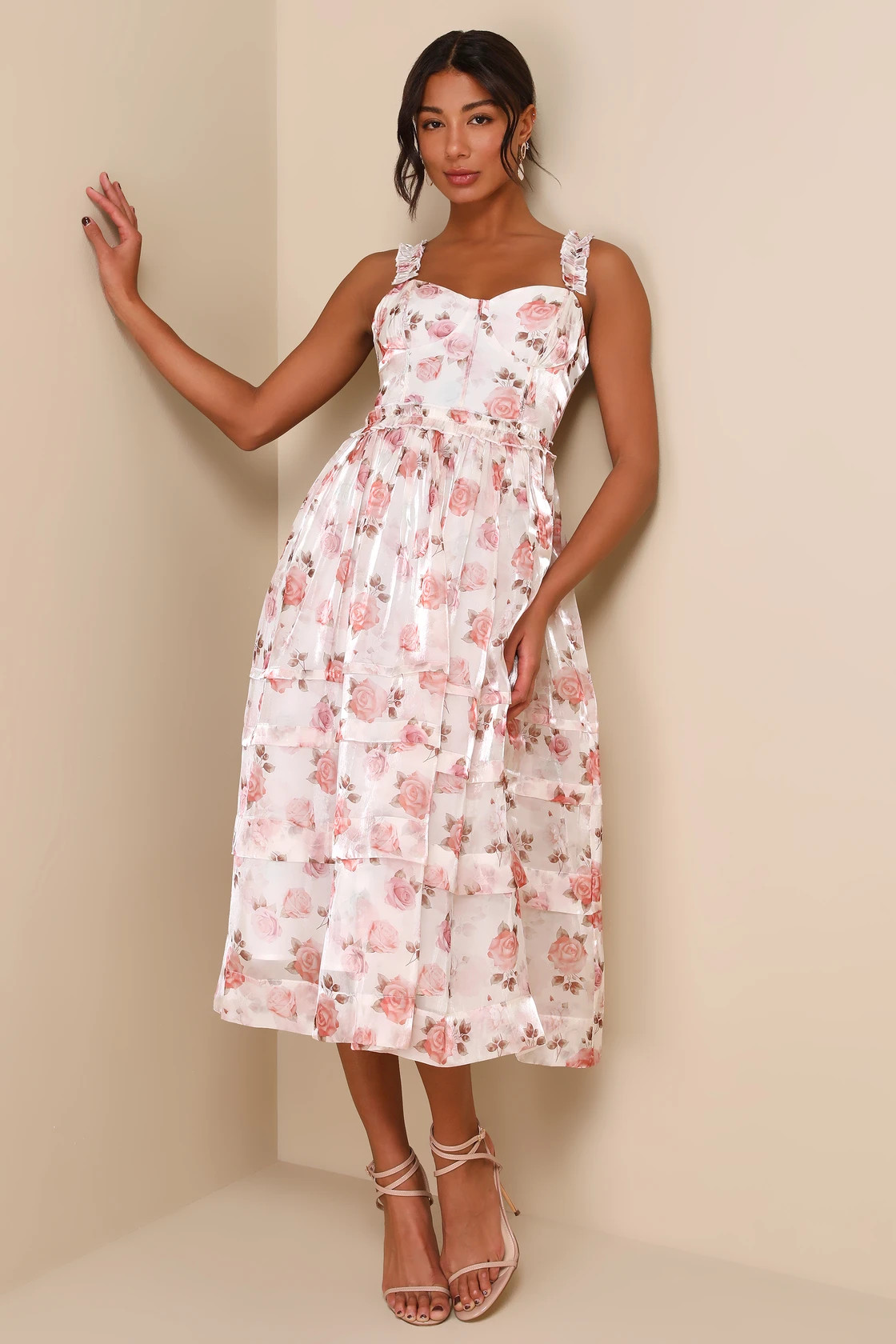 Sincerely Enchanting Ivory Floral Print Organza Midi Dress | Lulus