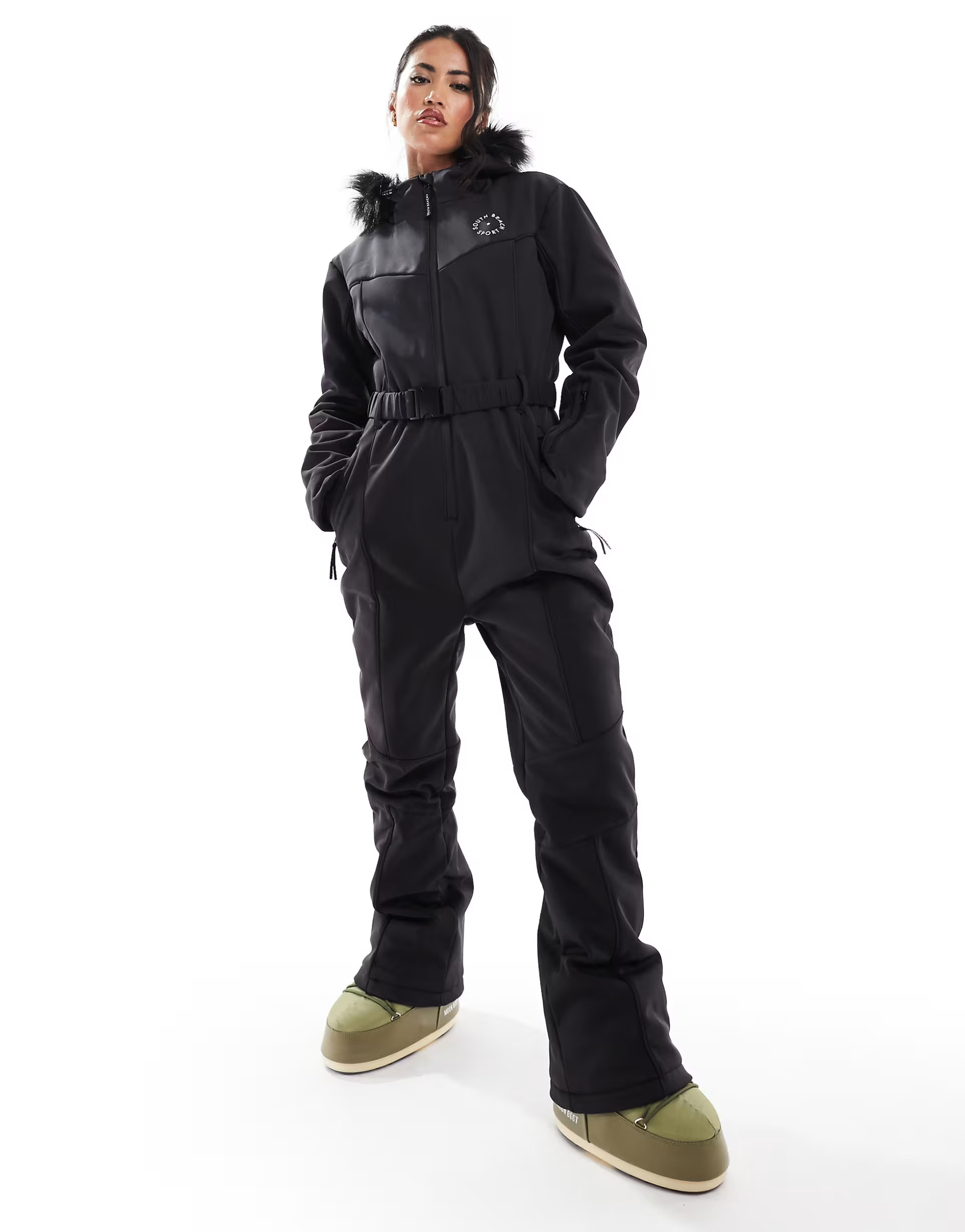 South Beach Ski snow suit with faux fur trim in black | ASOS (Global)