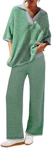 Tankaneo Womens Sweater Set Striped 2 Piece Outfits Oversized 3/4 Sleeve V Neck Knit Tops Wide Le... | Amazon (US)