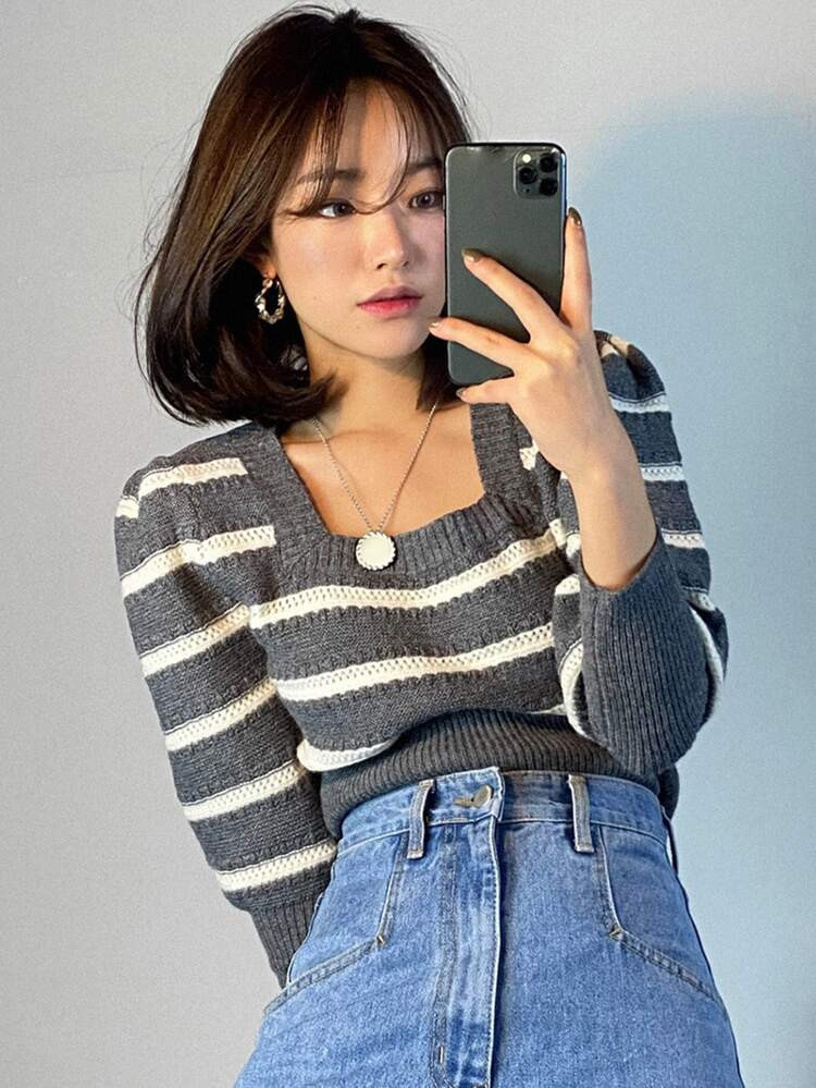 DAZY Stripe Pattern Bishop Sleeve Square Neck Sweater | SHEIN