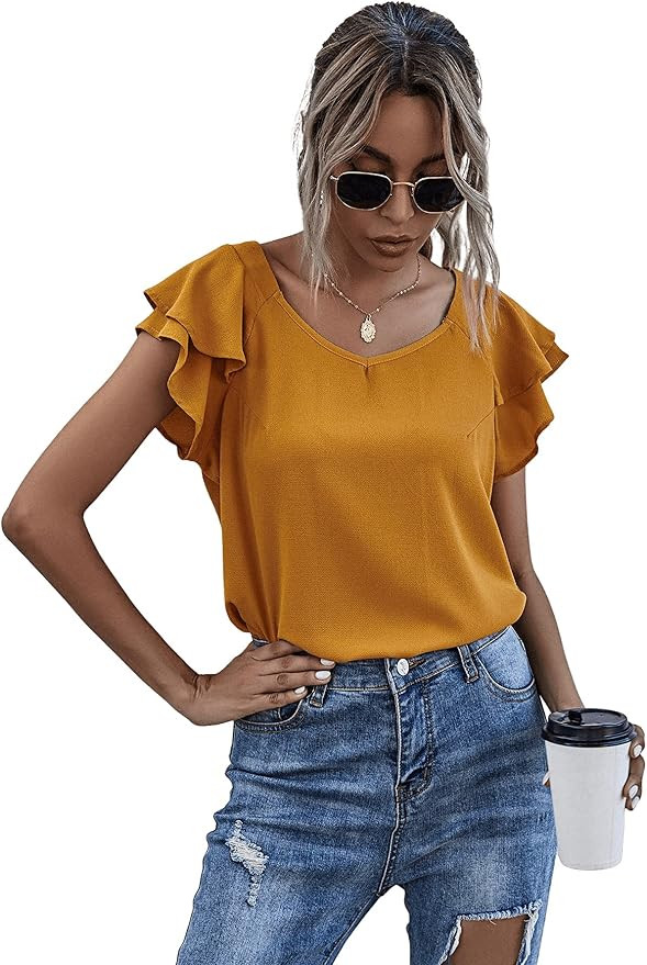 SheIn Women's Butterfly Ruffle Short Sleeve Tops V Neck Solid Blouse Shirts Mustard Yellow Medium... | Amazon (US)