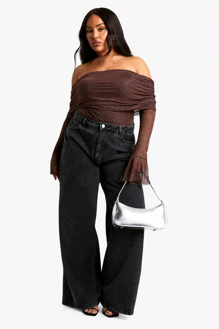 Plus Glitter Mesh Bardot Bodysuit | Boohoo.com (UK & IE)