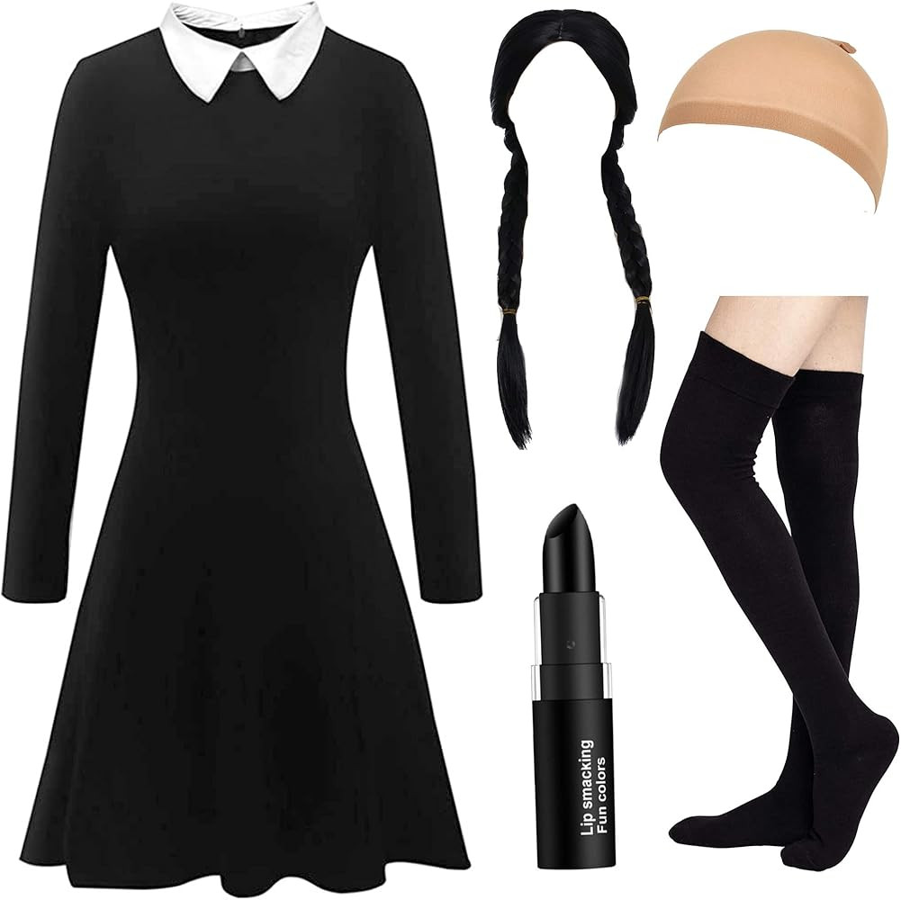 Halloween Costumes for Women - White Collar Long Sleeve Black Dress, Black Braided Wig and Sock | Amazon (US)