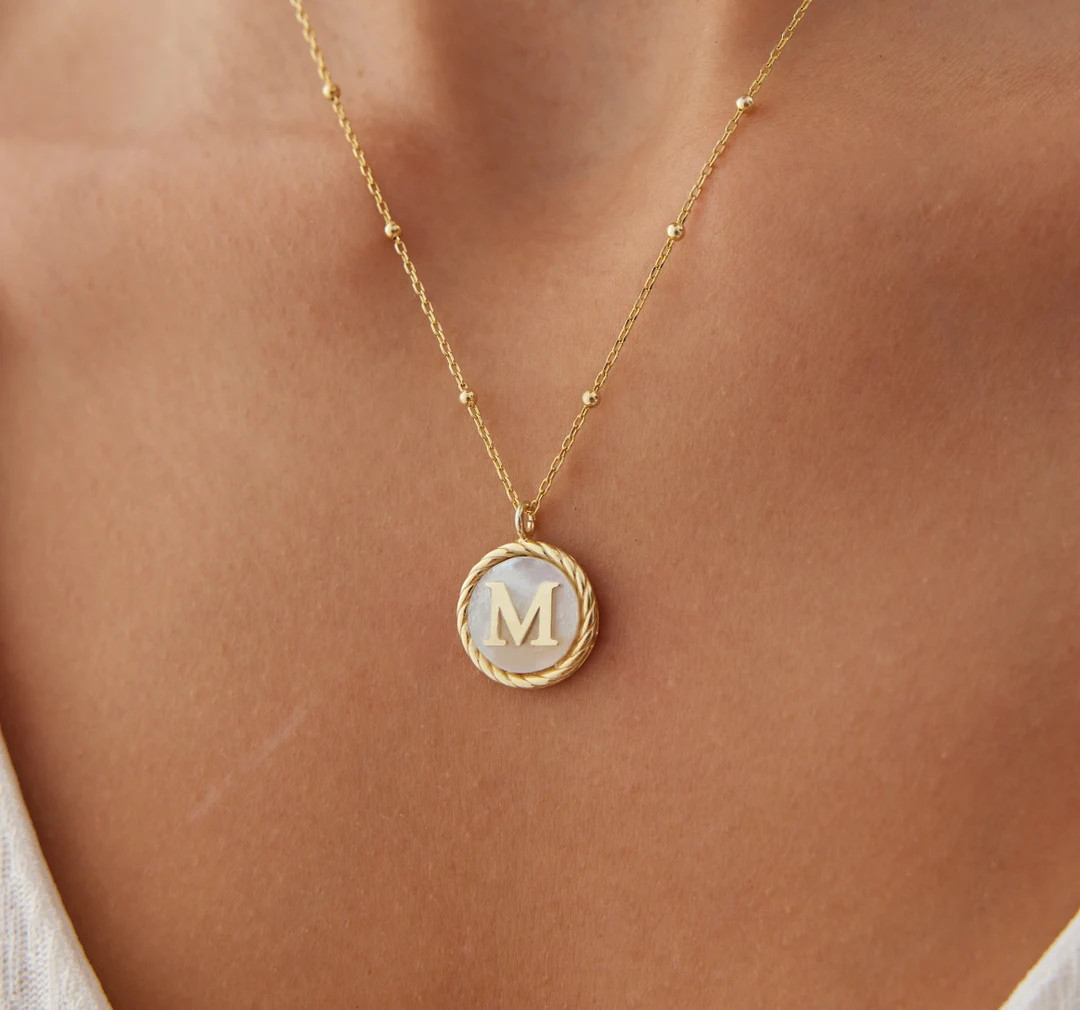 Pearl Letter Necklace, Mother Of Pearl Necklace, Custom Necklace, Silver Coin Necklace, Silver In... | Etsy (US)