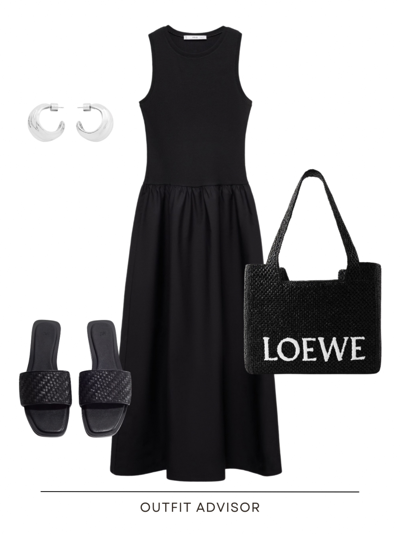 Chic summer all black outfit: a balck dress, black sandals and a loewe black tote with silver earrings 

#LTKshoes #LTKtravel #LTKstyletip