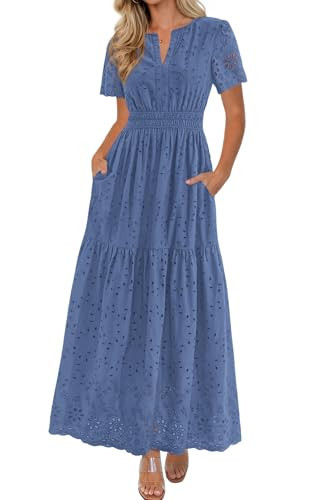 PRETTYGARDEN Womens Spring Maxi Dress Short Sleeve V Neck Cotton Hollow Out A Line Beach Vacation Long Dresses with Pockets (Dusty Blue, Large) | Amazon (US)