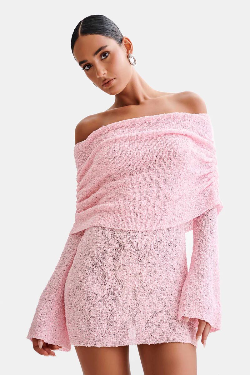 Marisol Off Shoulder Boucle Mini Dress - Baby Pink | MESHKI US