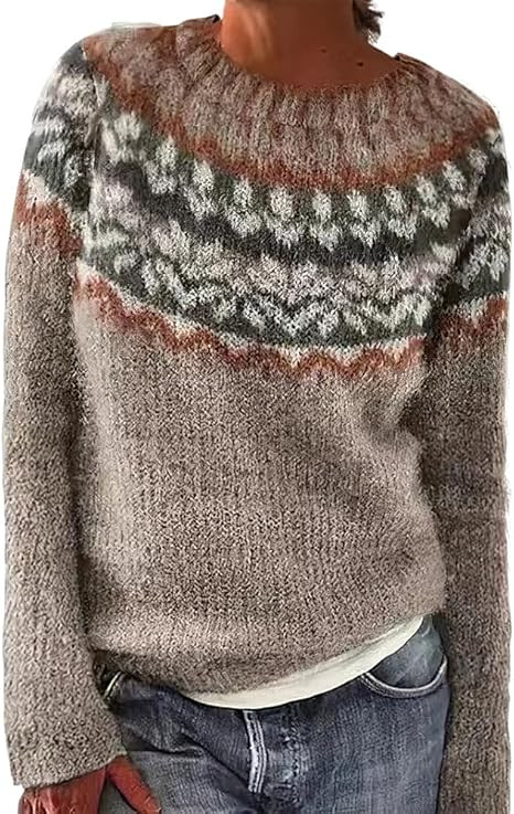 Women's Knitted Fair Isle Print Retro Sweater Casual Loose Crewneck Long Sleeve Lightweight Cropp... | Amazon (US)