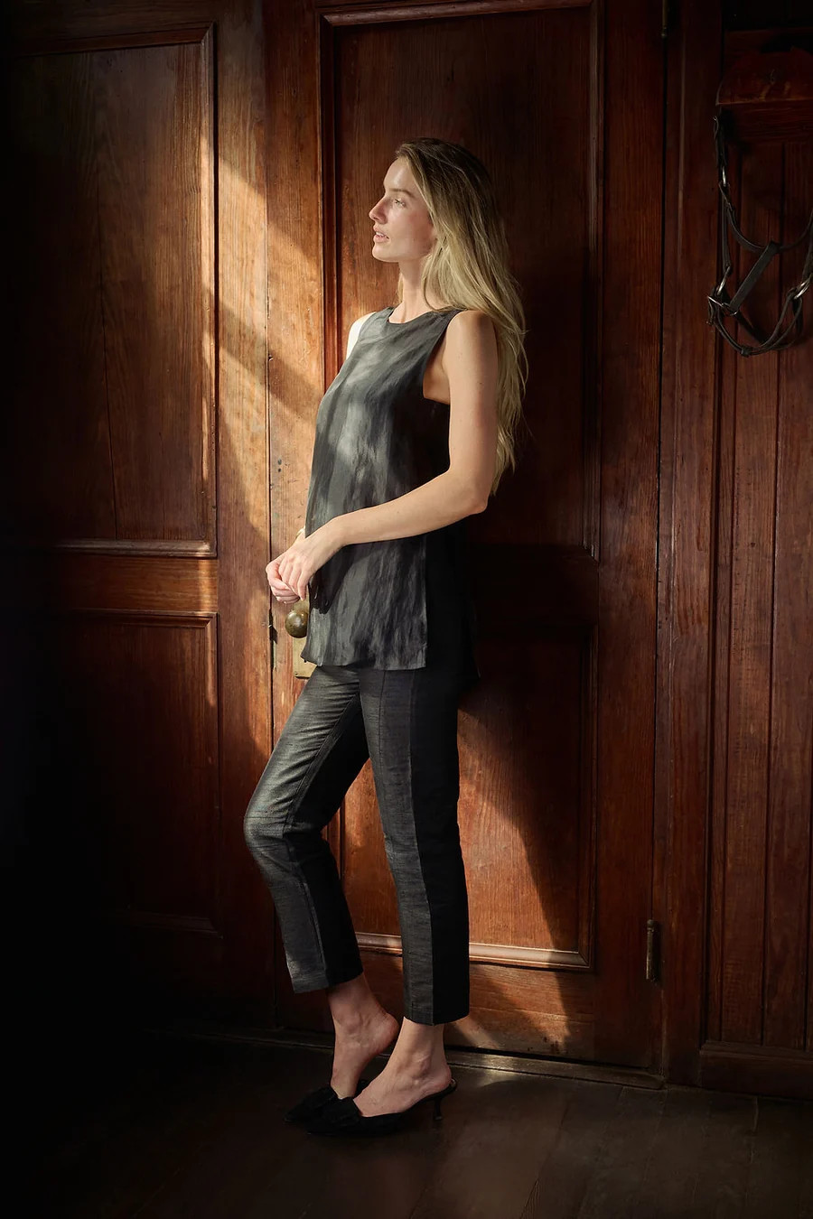 Women's Dupioni Silk Pant - High Rise, Cropped Straight Leg - Noir Black | Julia Amory