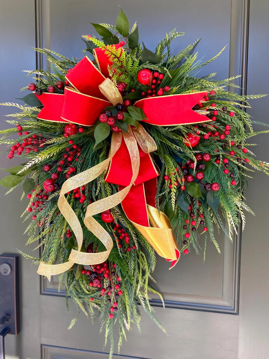 Christmas Wreath for Front Door, Cascading Wreath, Swag, Big Red Bow, Red Berries - Etsy | Etsy (US)