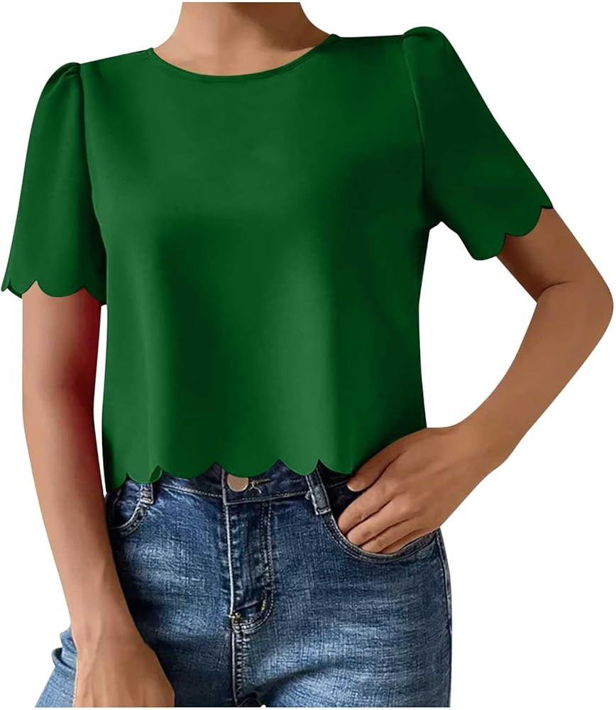 Mzkdieey Women's Scallop Trim Short Sleeve Tops Casual Keyhole Back Blouse Solid Color Loose Fit ... | Amazon (US)