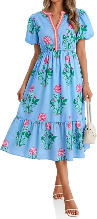 Cicy Bell Womens Summer Floral Print Maxi Dress A Line Puff Short Sleeve V Neck Boho Dresses Flow... | Amazon (US)