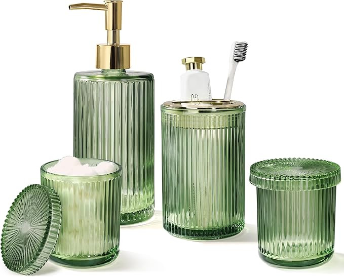 Green Glass Bathroom Accessories 4 Pcs, Green Bathroom Set, Soap Dispenser and Toothbrush Holder ... | Amazon (US)