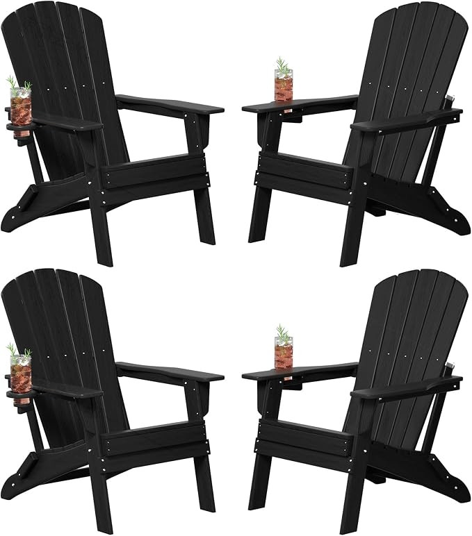 Folding Adirondack Chair Set of 4, Cup Holder，Wooden Textured ，Heavy All-Weather HDPE Comfort... | Amazon (US)