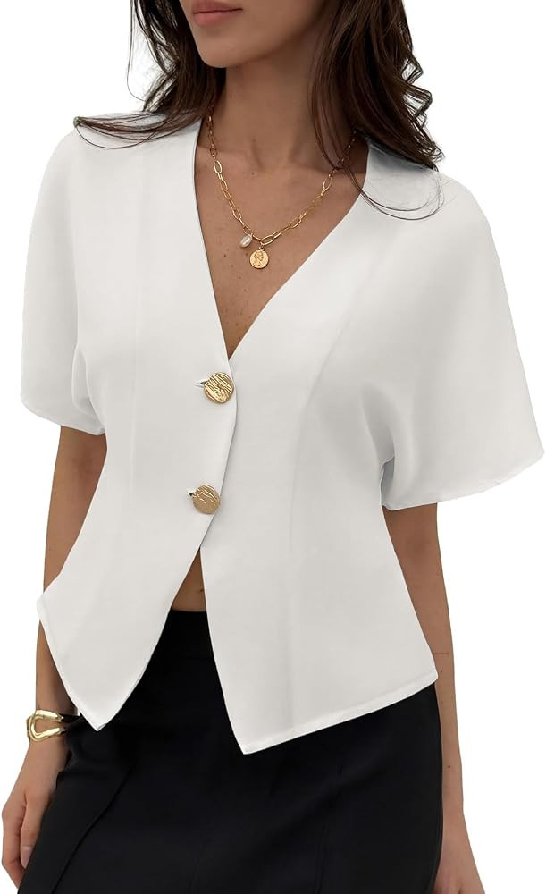 EVALESS Blouses for Women Dressy Casual Summer Button Down Shirts Short Sleeve Business Work Tops | Amazon (US)
