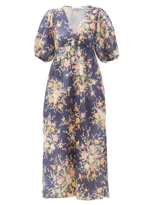 Zimmermann - Zinnia Floral Print Linen Dress - Womens - Blue Print | Matches (US)
