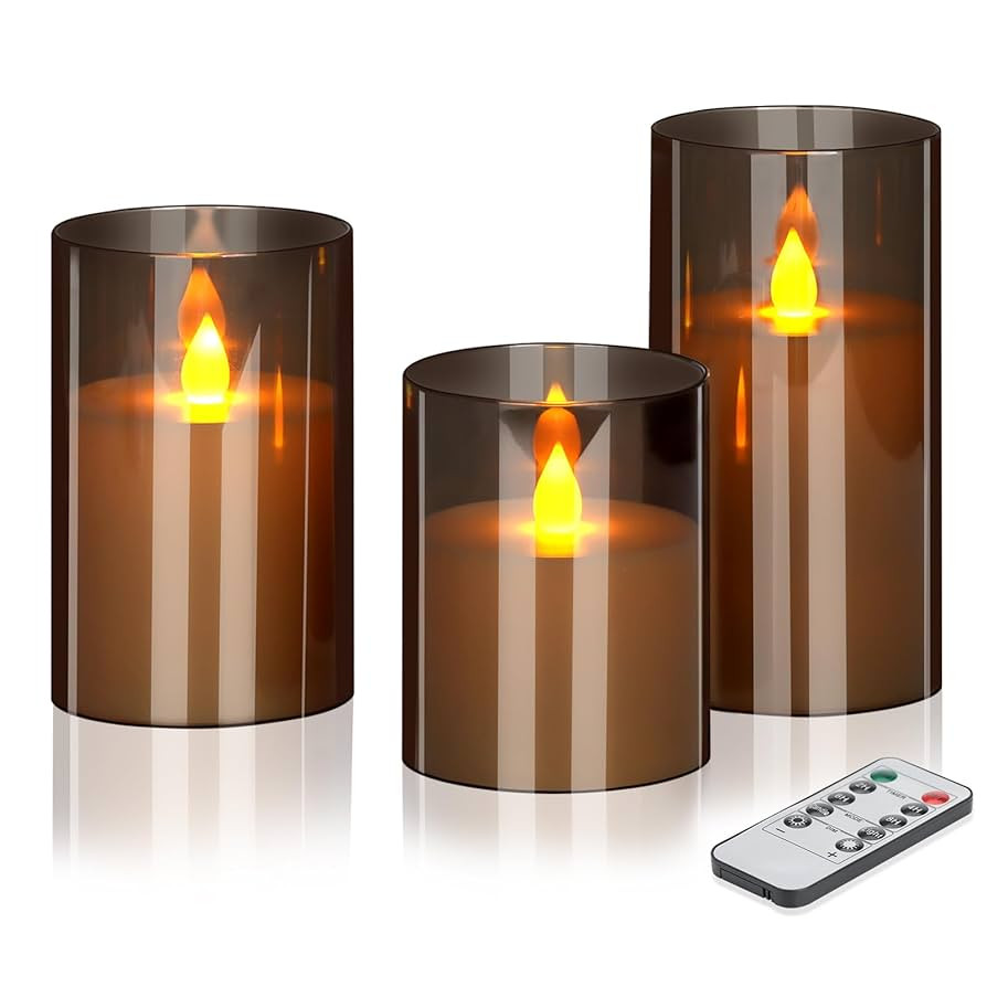 Flameless LED Candles with Remote Set of 3 Battery-Operated Acrylic Gray Pillars, 4", 5", 6" x 3"... | Amazon (US)