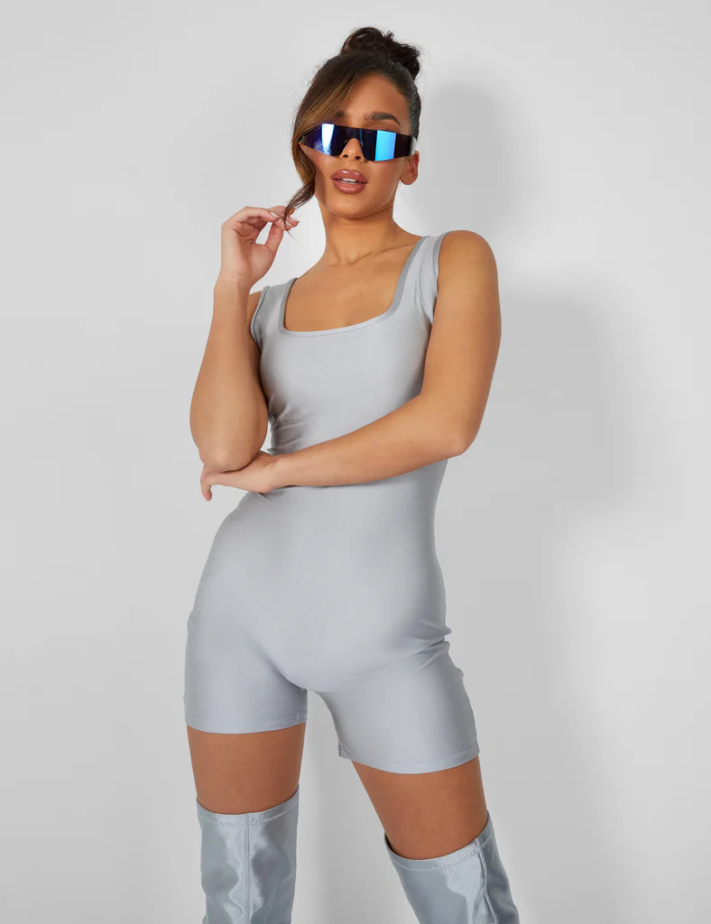 Second Skin Square Neck Unitard Grey | Public Desire