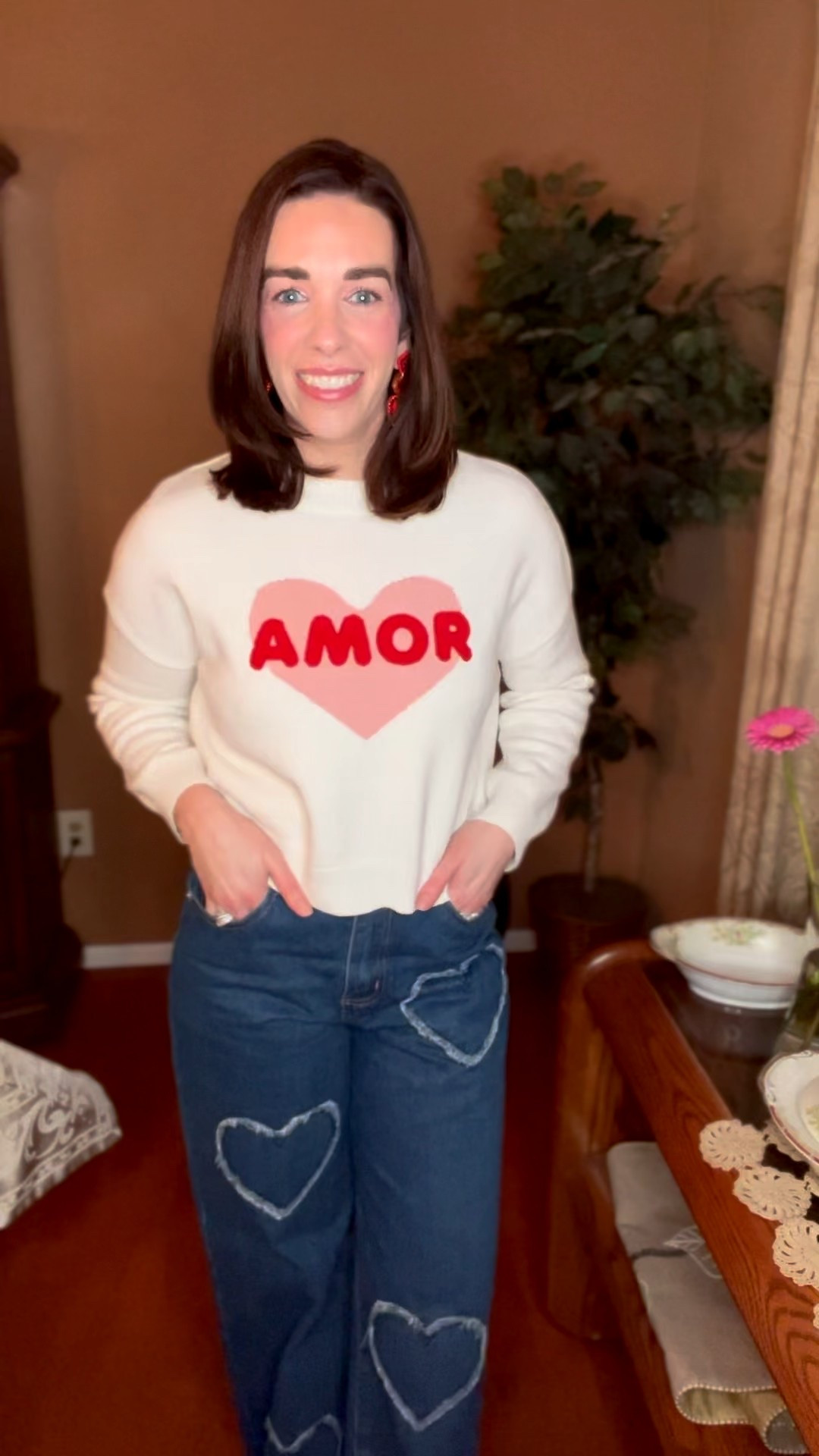 Amor white heart sweater (xs). Heart jeans (4). Red sneakers (8.5). #sweater #heartsweater #amorsweater #jeans #heartjeans #sneakers #redsneakers #valentinesdayoutfit #winteroutfit
date night outfits 
valentines outfit women
winter outfits women 

#LTKSeasonal #LTKValentine