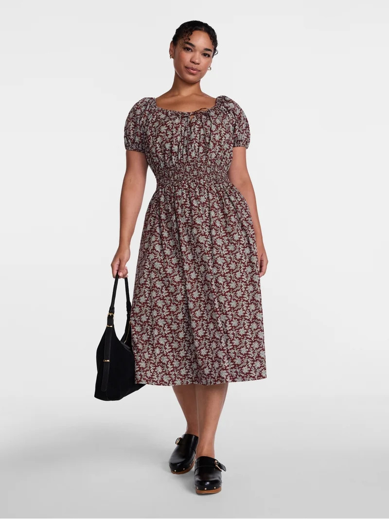 Scenario Women's and Women's Plus Smocked Waist Peasant Midi Dress with Puff Sleeves, Sizes XS-4X | Walmart (US)