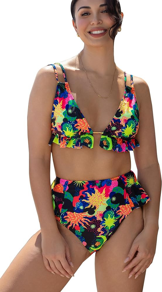 SPORLIKE Women High Waisted Swimsuit Ruffle V Neck Bikini Two Pieces Swimwear | Amazon (US)