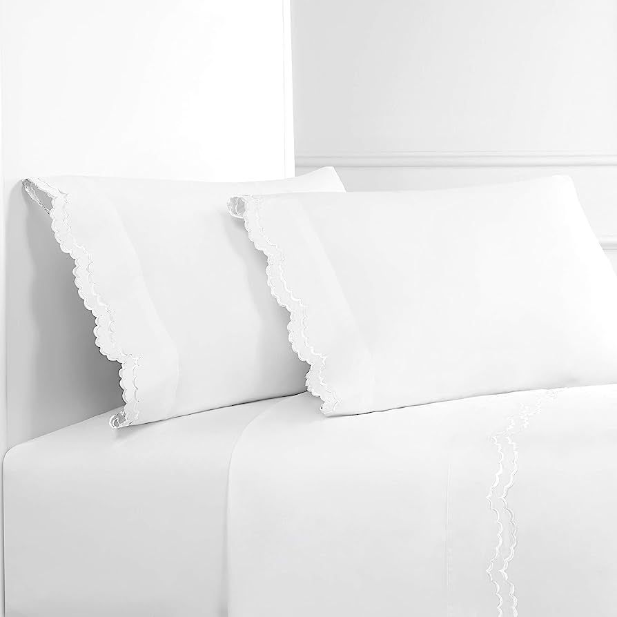 Melange Home Percale Cotton Double Scalloped Embroidered TW Sheet Set, Twin, White on White | Amazon (US)