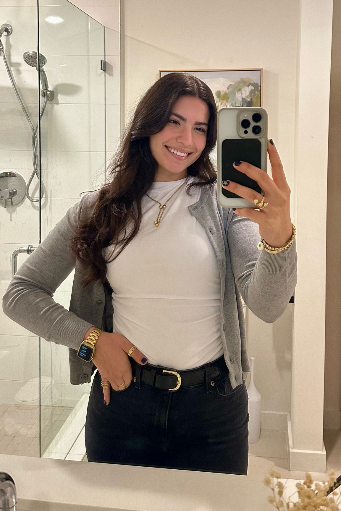 casual 9-5 work outfit inspooo! this cardigan is thin but sooo cute & my absolute fave jeans EVERRRR they fit amazing. also this Apple Watch band?? LOVEEE 

#LTKworkwear #LTKstyletip #LTKsalealert