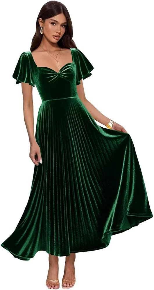 Flutter Sleeve Velvet Bridesmaid Dresses 2025 Pleated A Line Long Formal Evening Party Gowns | Amazon (US)