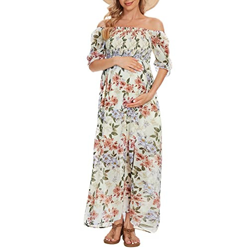 Floral Maternity Dress for Photoshoot Baby Shower, Square Neck Puff Sleeve Maternity Boho Smocked Pregnancy Dresses | Amazon (US)
