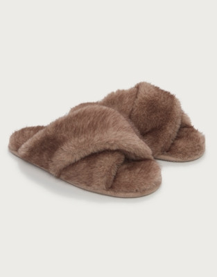 The White Company Tipped Faux Fur Cross Slider Slippers, Nutmeg, Size: L(7/8) | The White Company UK & ROW