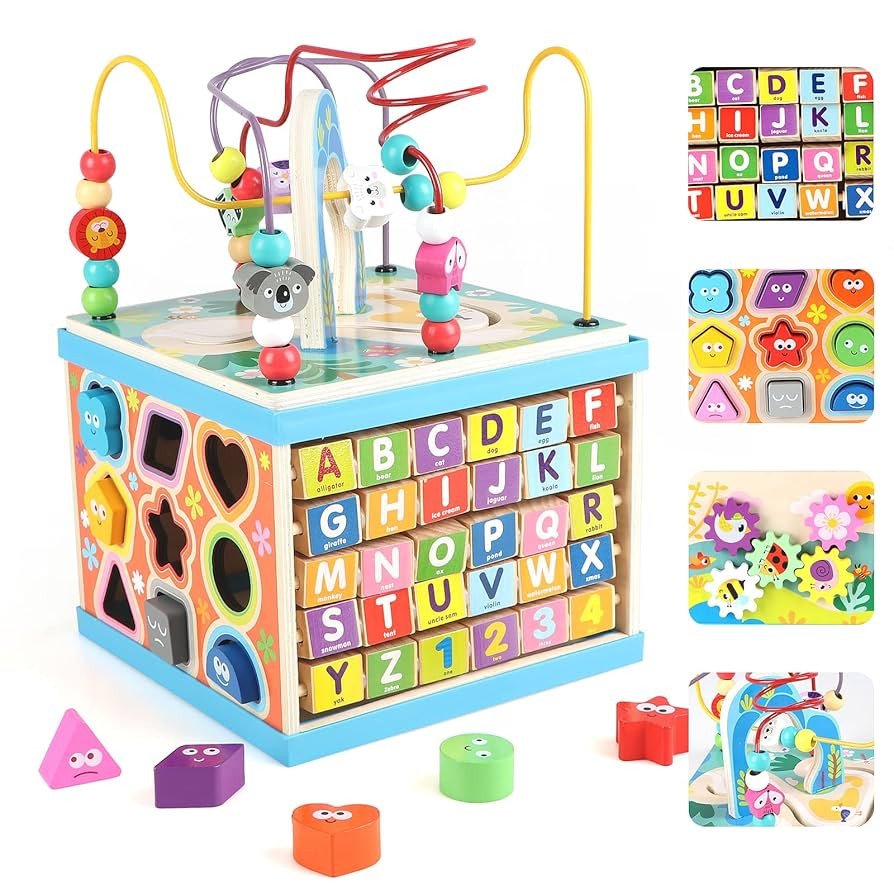 Qilay Wooden Activity Cube for Toddlers, 5 in 1 Multipurpose ABC-123 Abacus Early Educational Mon... | Amazon (US)