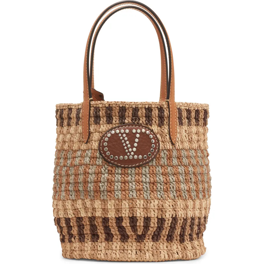 Valentino Garavani Small VLOGO Signature Crocheted Raffia Bucket Bag in Beige/Camel/Selleria at Nordstrom | Nordstrom