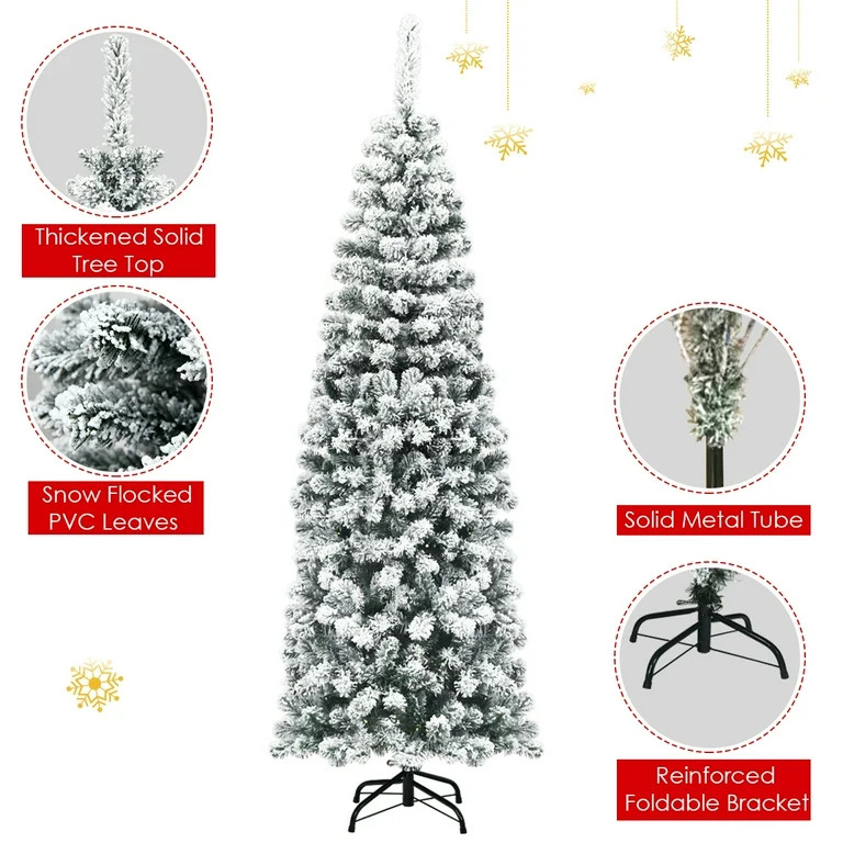 Topbuy 6ft Pencil Artificial Christmas Tree Snow Flocked Pencil Tree with Flexible Stand | Walmart (US)