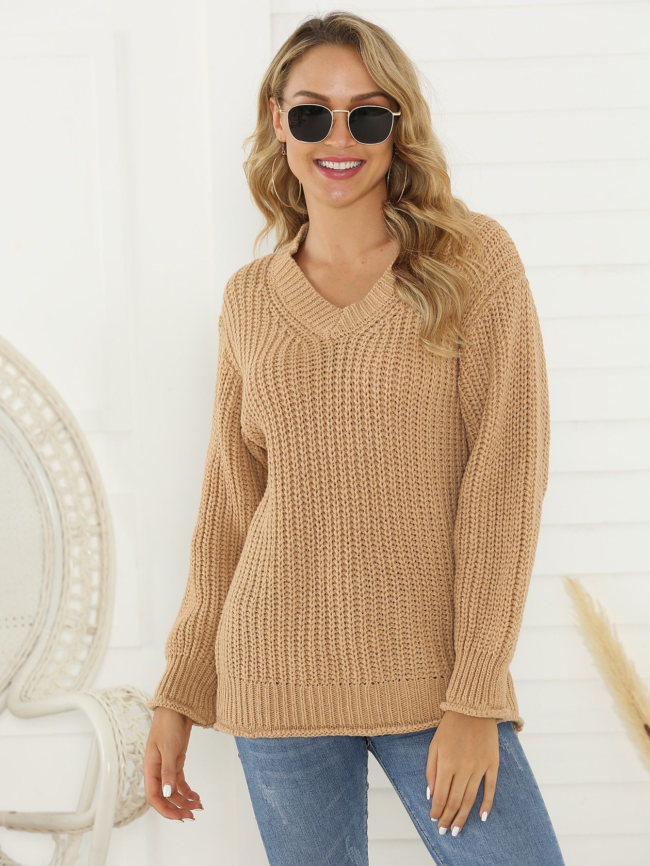 Solid Drop Shoulder Longline Sweater | SHEIN
