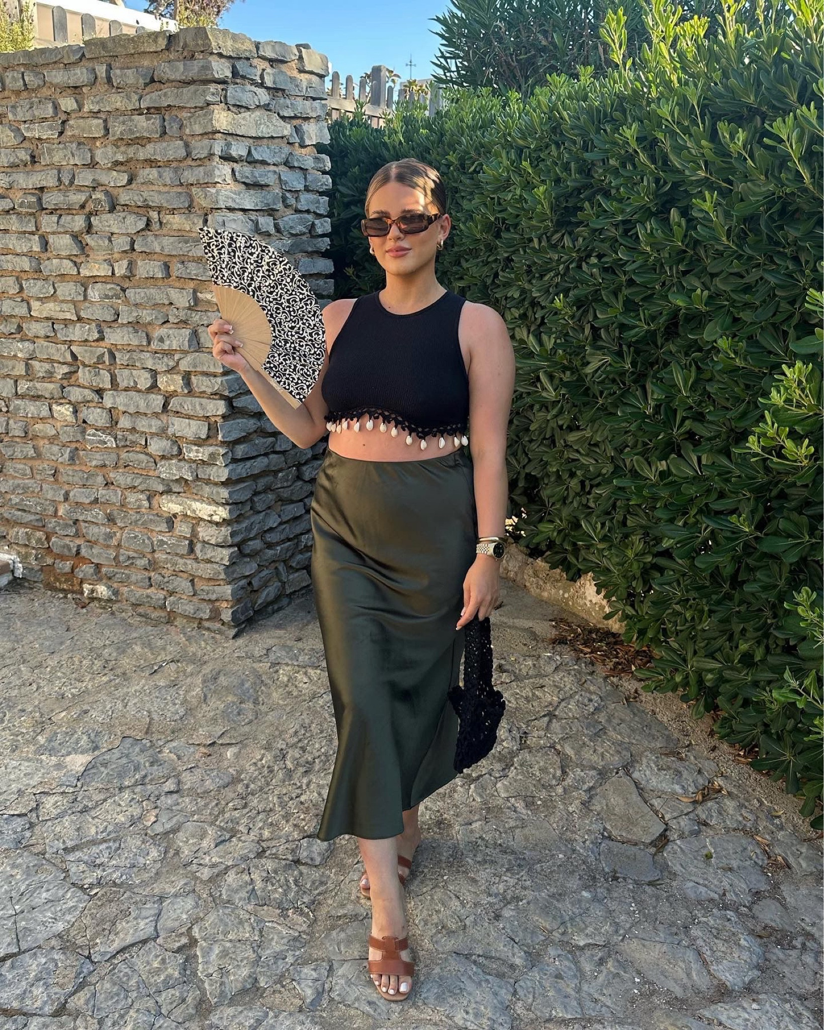 Holiday outfit ideas, brown flats sandals, summer shoes, black crop top, cropped vest, silk skirt, green satin skirt, ego, new look, river island 

#LTKeurope #LTKstyletip #LTKSeasonal