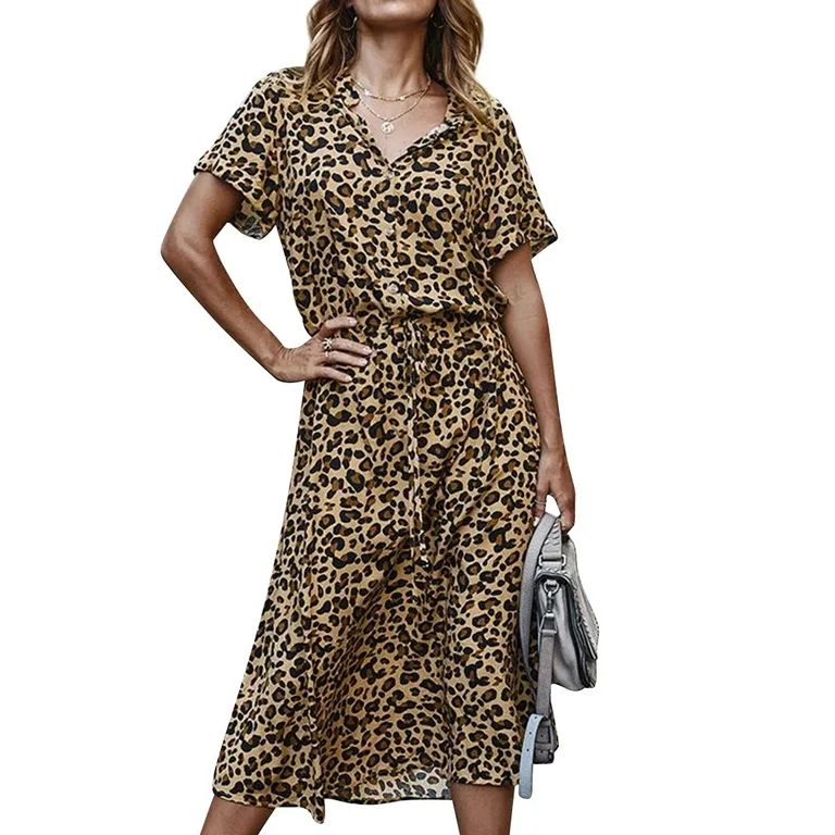 ZXZY Women Buttons Tie Waist Leopard Printed Short Sleeves V Neck Midi Dress - Walmart.com | Walmart (US)