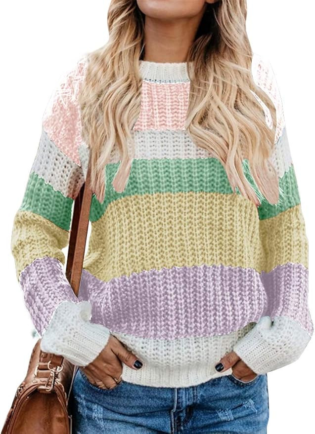 Ybenlow Womens Color Block Oversized Sweaters Cable Knit Loose Striped Chunky Crewneck Pullover J... | Amazon (US)