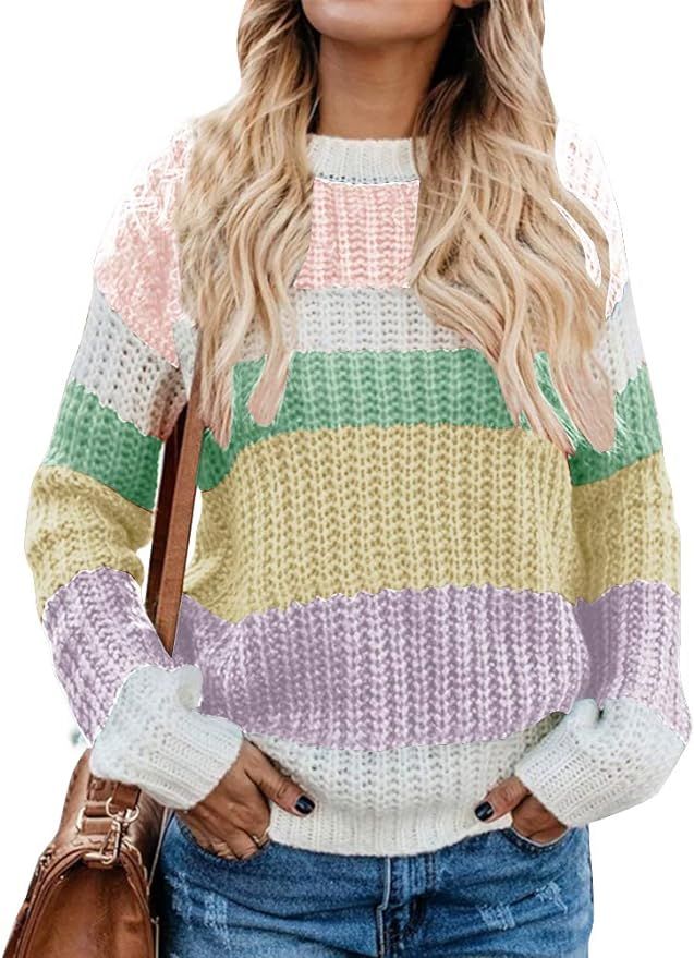 Ybenlow Womens Color Block Oversized Sweaters Cable Knit Loose Striped Chunky Crewneck Pullover J... | Amazon (US)