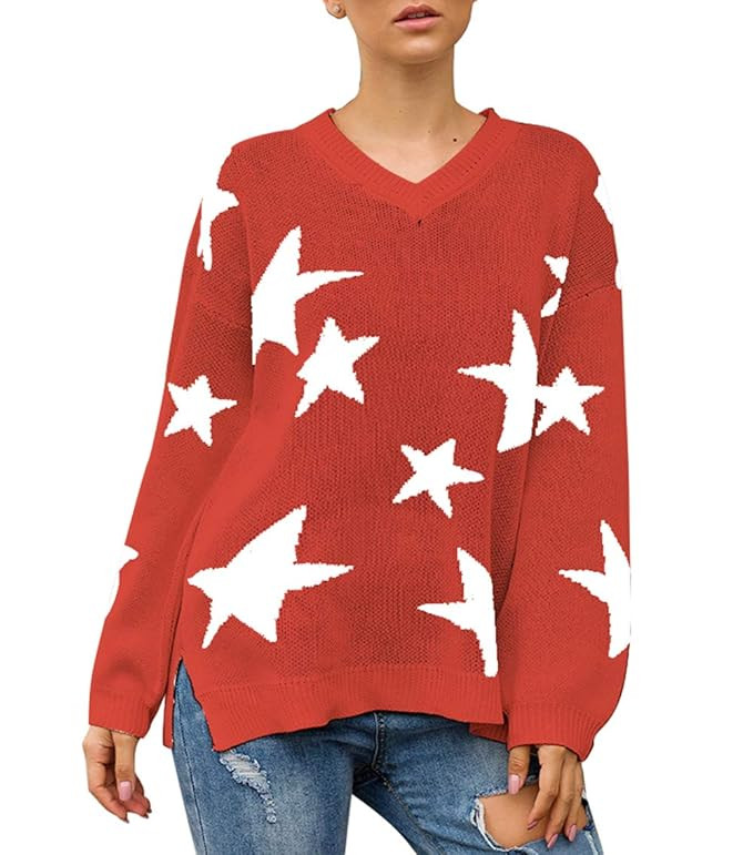 PRETTYGARDEN Women’s Winter V Neck Lantern Long Sleeve Star Color-Block Split Knit Sweater Pull... | Amazon (US)