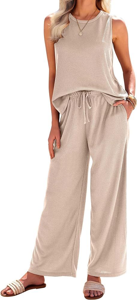 Ekouaer Womens Pajamas 2 Piece Lounge Set Waffle Knit Loungewear Sleeveless Tank Top with Long Pa... | Amazon (US)