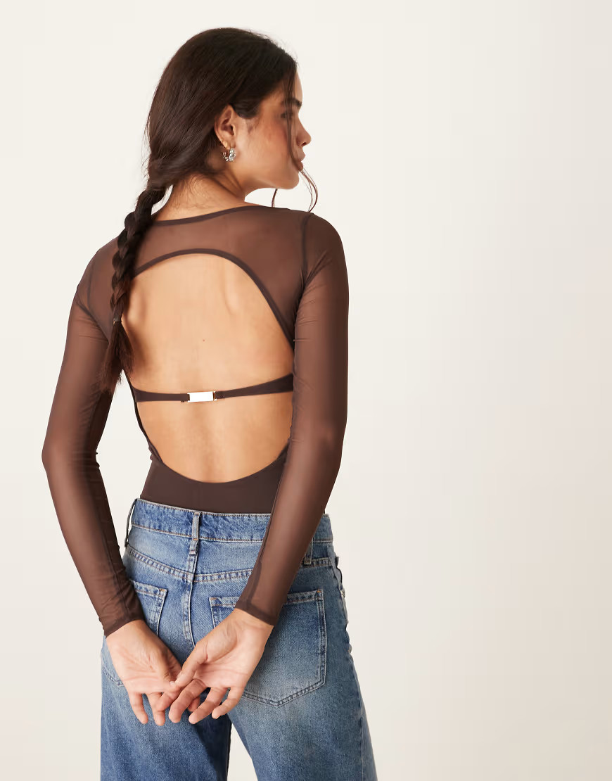 Abercrombie & Fitch long sleeve mesh bra-free bodysuit in brown | ASOS (Global)