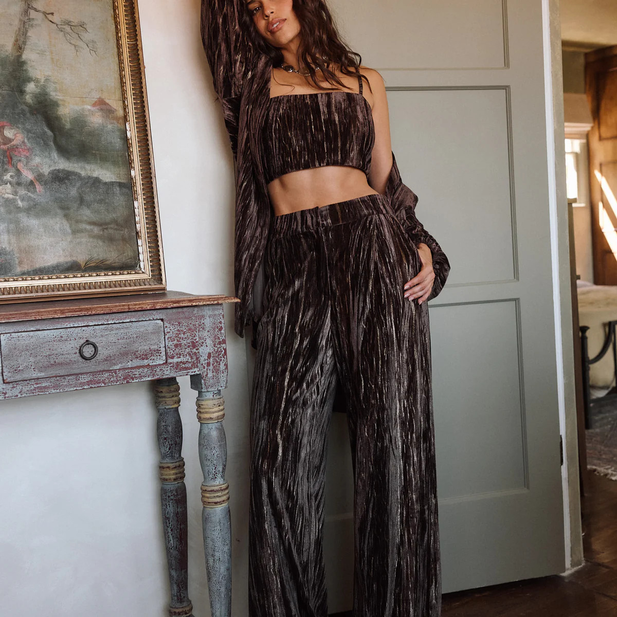 Rhea Espresso Velvet Trousers | 12th Tribe