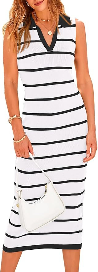 PRETTYGARDEN Womens Dresses Casual Sleeveless Bodycon Midi Dress Lapel V Neck Striped Long Summer... | Amazon (US)